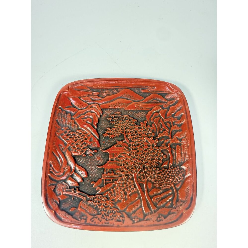 Appitizer Plates Set 3 Vintage Japanese Cinnabar Lacquer Ware Oriental Pagoda - Picture 11 of 12